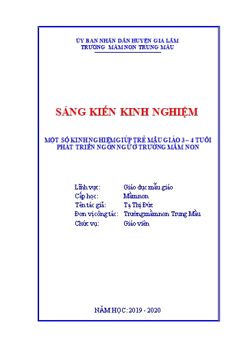 Sáng kiến kinh nghiệm Một số kinh nghiệm giúp trẻ mẫu giáo 3-4 tuổi phát triển ngôn ngữ ở Trường Mầm non Trung Mầu