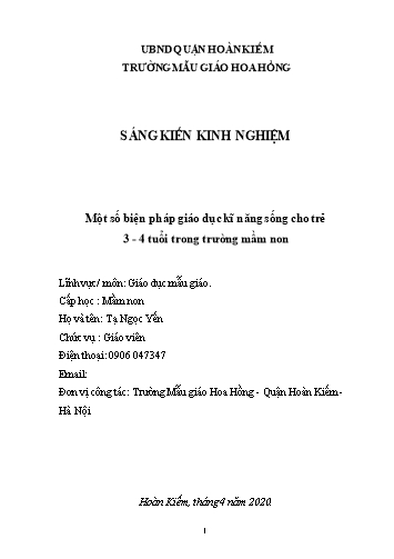 SKKN Một số biện pháp giáo dục kĩ năng sống cho trẻ 3-4 tuổi trong Trường Mầm non Hoa Hồng