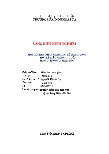 SKKN Một số biện pháp giáo dục kỹ năng sống cho trẻ 3-4 tuổi trong Trường Mầm non Hoa Sữa