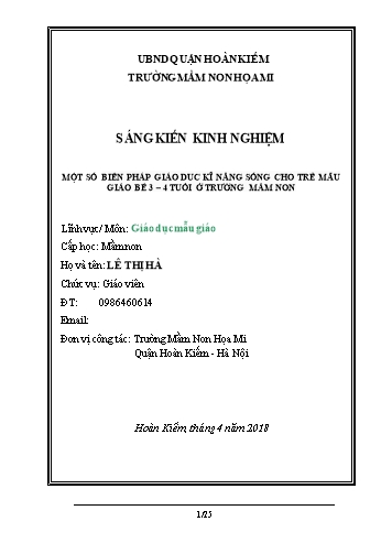 SKKN Một số biện pháp giáo dục kỹ năng sống cho trẻ mẫu giáo bé 3-4 tuổi ở Trường Mầm non Họa Mi