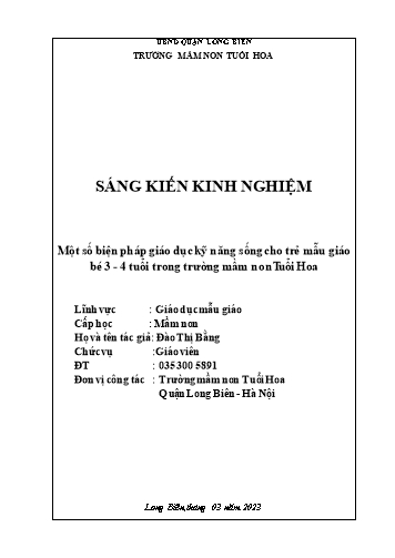 SKKN Một số biện pháp giáo dục kỹ năng sống cho trẻ mẫu giáo bé 3-4 tuổi trong Trường Mầm non Tuổi Hoa