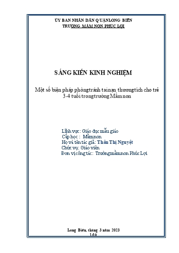 SKKN Một số biện pháp phòng tránh tai nạn thương tích cho trẻ 3-4 tuổi trong Trường Mầm non Phúc Lợi