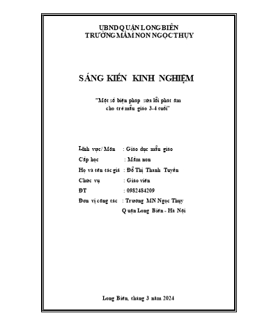 SKKN Một số biện pháp sửa lỗi phát âm cho trẻ mẫu giáo 3-4 tuổi ở Trường Mầm non Ngọc Thụy