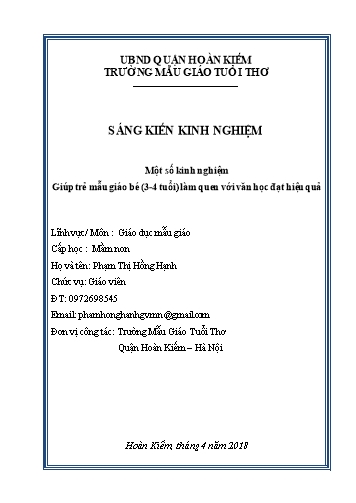 SKKN Một số kinh nghiệm giúp trẻ mẫu giáo bé 3-4 tuổi làm quen với văn học đạt hiệu quả