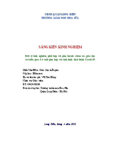 SKKN Một số kinh nghiệm phối hợp với phụ huynh chăm sóc, giáo dục trẻ mẫu giáo 3-4 tuổi phù hợp với tình hình dịch bệnh Covid-19