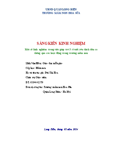 SKKN Một số kinh nghiệm trong việc giúp trẻ 3-4 tuổi yêu thích dân ca thông qua các hoạt động trong Trường Mầm non Hoa Sữa