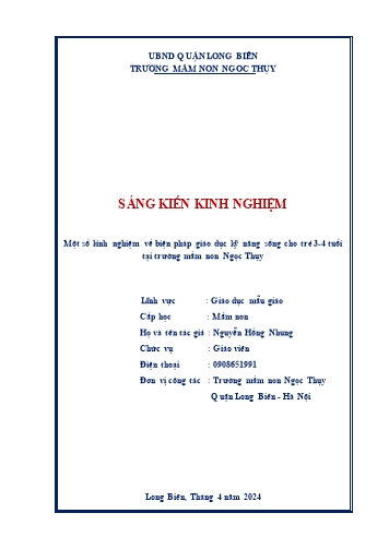 SKKN Một số kinh nghiệm về biện pháp giáo dục kỹ năng sống cho trẻ 3-4 tuổi tại Trường Mầm non Ngọc Thụy