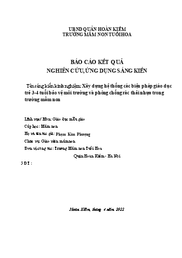 SKKN Xây dựng hệ thống các biện pháp giáo dục trẻ 3-4 tuổi bảo vệ môi trường và phòng chống rác thải nhựa trong Trường Mầm non Tuổi Hoa