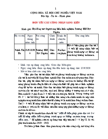 SKKN Một số biện pháp giáo dục trẻ 3-4 tuổi kỹ năng nhận biết và phòng tránh nguy cơ không an toàn trong Trường Mầm non Bột Xuyên