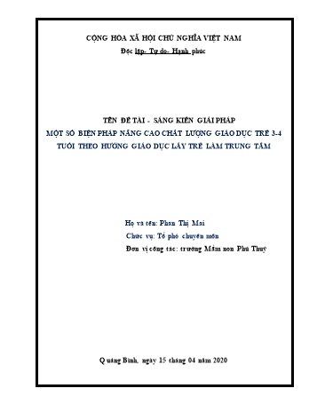 SKKN Một số biện pháp nhằm nâng cao chất lượng giáo dục trẻ 3-4 tuổi theo hướng giáo dục lấy trẻ làm trung tâm